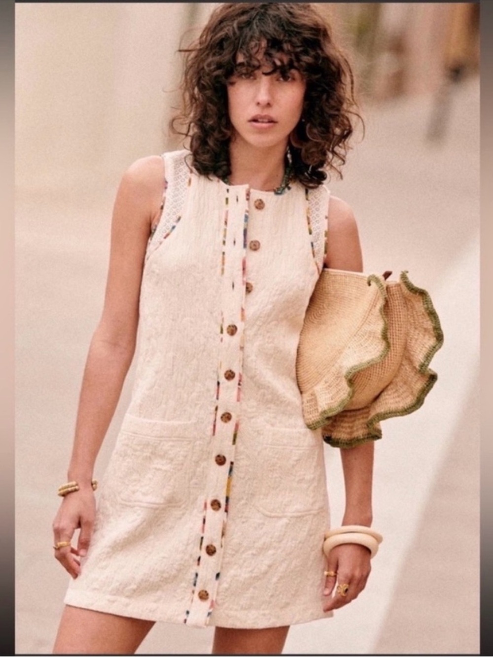 Sezane Villa Dress Ecru Sleeveless Button-Front Mini Dress with Multicolor Trim